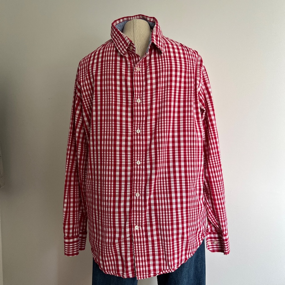 Attitude - Red &White Checkered Long Sleeve Casual Button Down Shirt